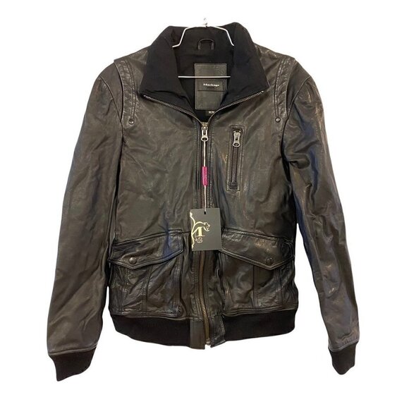 NEW Mackage Women's Bomber Jacket Coat Black Zip Up Flap Pockets Leather Medium - Picture 1 of 10